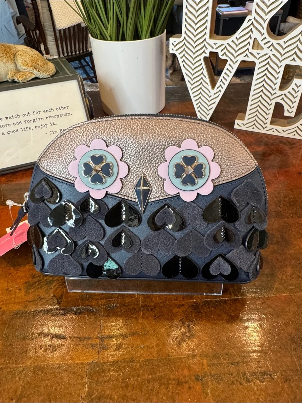 kate spade Navy and Pink Floral Heart Appliqué Cosmetic Pouch